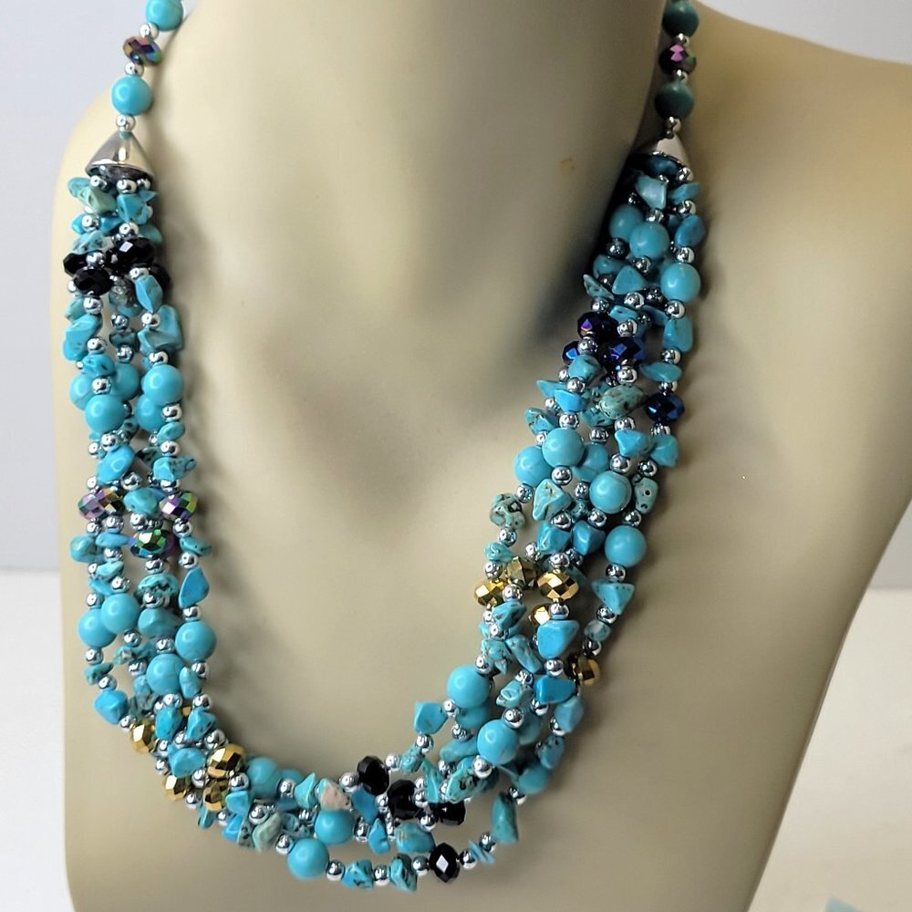 Multistrand Blue Beaded Necklace With Earrings